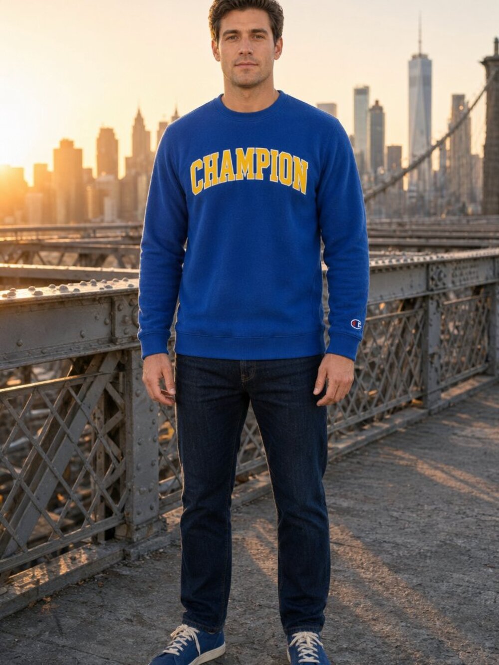 Champion Men Blue Sweatshirt Crew Neck Fleece Yellow Logo US M